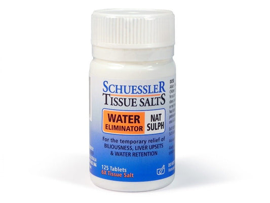 Dr Schuessler Tissue Salts Nat Sulph 6X 125 Tablets Sodium Sulphate: WATER ELIMINATOR Blood vessel walls and cell coats. Nat Sulph is called the water eliminating tissue salt. It is thus the main remedy for water retention. It is also strongly associated with the liver and gall bladder.