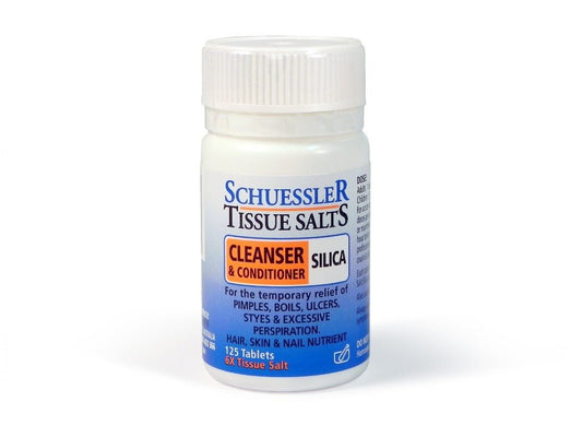 Dr Schuessler Tissue Salts Silica 6X 125 Tablets Silica: CLEANSER & CONDITIONER Connective tissue, hair, nails, blood, bile, bone & nerve sheath. Silica is present in the blood, skin, hair and nails. It is also a constituent of connective tissue, bones, nerve sheath and mucous membranes.