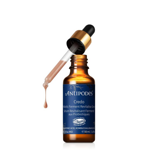 Antipodes Credo Probiotic Ferment Revitalise Serum - 30ml 1st Stop, Marshall's Health Shop!  A daytime serum featuring Kalibiome AGE Probiotics and high-tech fermented ingredients to help balance the microbiome and improve the appearance of blemishes.