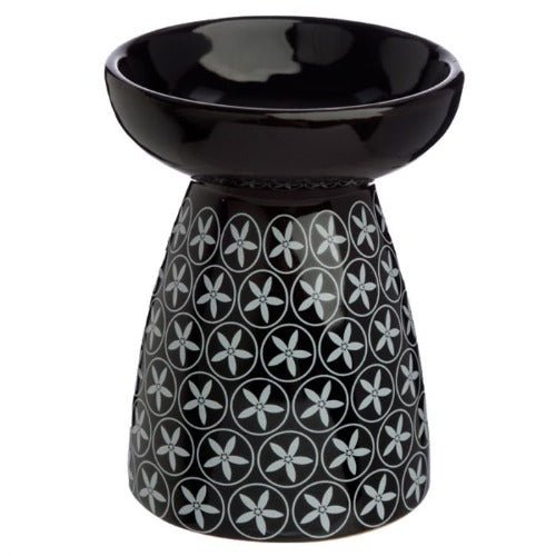 Eden Floral Pattern Ceramic Oil and Wax Burner Black with White Pattern - 1st Stop Marshall's Health Shop, Gift Shop! - Heath and Natural Therapy New Brighton Christchurch - Naturopath