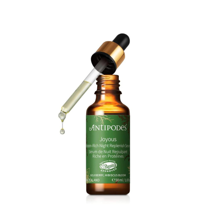 Antipodes Joyous Protein-Rich Night Replenish Serum 30ml 1st Stop, Marshall's Health Shop! Plant oils from Himalayan goji berry, raspberry seed, and New Zealand blackcurrant are a rich source of essential fats to keep your skin nourished and plump, while South Pacific hibiscus flower freshens the complexion.