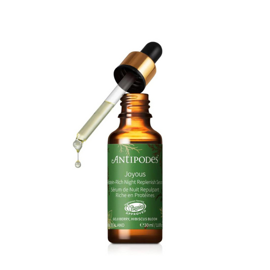 Antipodes Joyous Protein-Rich Night Replenish Serum 30ml 1st Stop, Marshall's Health Shop!  Plant oils from Himalayan goji berry, raspberry seed, and New Zealand blackcurrant are a rich source of essential fats to keep your skin nourished and plump, while South Pacific hibiscus flower freshens the complexion.