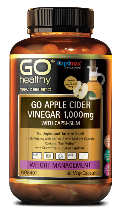 GO APPLE CIDER VINEGAR 1,000mg WITH CAPSI-SLIM provides the benefits of naturally fermented apples, combined with the scientifically researched ingredient, Capsimax®. Acetic Acid is the active compound in Apple Cider Vinegar, and is supplied in a high amount of 350mg per VegeCapsule, helping to provide greater health benefits and support digestive vitality, aid in detoxification, support pH balance in the body and healthy blood sugar balance.