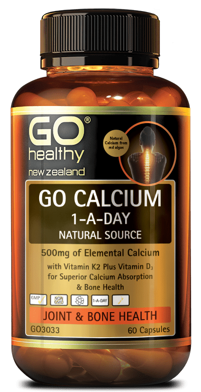 GO CALCIUM 1-A-DAY Natural Source is the perfect synergy of Calcium, Vitamin D3 and Vitamin K2 which work together for superior absorption and bone health. Each capsule contains 500mg of elemental Calcium along with many other important bone health minerals from natural, sustainable seaweed (Lithothamnion Calcareum). The addition of 75mcg of Vitamin K2 and Vitamin D3 ensures the advanced absorption and binding of Calcium into the bones