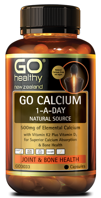 GO CALCIUM 1-A-DAY Natural Source is the perfect synergy of Calcium, Vitamin D3 and Vitamin K2 which work together for superior absorption and bone health. Each capsule contains 500mg of elemental Calcium along with many other important bone health minerals from natural, sustainable seaweed (Lithothamnion Calcareum). The addition of 75mcg of Vitamin K2 and Vitamin D3 ensures the advanced absorption and binding of Calcium into the bones