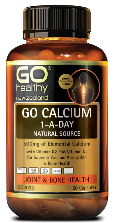 GO CALCIUM 1-A-DAY Natural Source is the perfect synergy of Calcium, Vitamin D3 and Vitamin K2 which work together for superior absorption and bone health. Each capsule contains 500mg of elemental Calcium along with many other important bone health minerals from natural, sustainable seaweed (Lithothamnion Calcareum). The addition of 75mcg of Vitamin K2 and Vitamin D3 ensures the advanced absorption and binding of Calcium into the bones