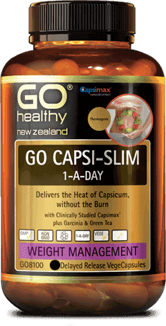 GO CAPSI-SLIM 1-A-DAY is a weight management formula containing the clinically researched ingredient Capsimax® plus Garcinia and Green Tea. Capsimax® employs OmniBead™ beadlet technology to encapsulate the beneficial heat of concentrated natural capsicum in a controlled-release coating, delivering effective levels of capsaicinoids without the oral and gastric burning sensation of unprotected red hot peppers.