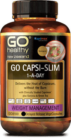 GO CAPSI-SLIM 1-A-DAY is a weight management formula containing the clinically researched ingredient Capsimax® plus Garcinia and Green Tea. Capsimax® employs OmniBead™ beadlet technology to encapsulate the beneficial heat of concentrated natural capsicum in a controlled-release coating, delivering effective levels of capsaicinoids without the oral and gastric burning sensation of unprotected red hot peppers.