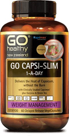 GO CAPSI-SLIM 1-A-DAY is a weight management formula containing the clinically researched ingredient Capsimax® plus Garcinia and Green Tea. Capsimax® employs OmniBead™ beadlet technology to encapsulate the beneficial heat of concentrated natural capsicum in a controlled-release coating, delivering effective levels of capsaicinoids without the oral and gastric burning sensation of unprotected red hot peppers.