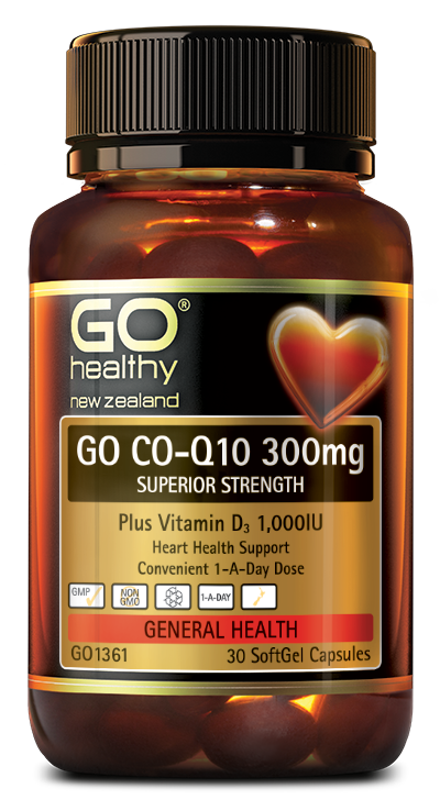 GO CO-Q10 300mg + VITAMIN D3 is a superior strength, heart health and energy formula, supplied in a convenient, easy to swallow 1-A-Day SoftGel capsule dose. Each capsule contains 300mg of Co-Enzyme Q10 plus 1,000U of Vitamin D3 for extra heart support. 