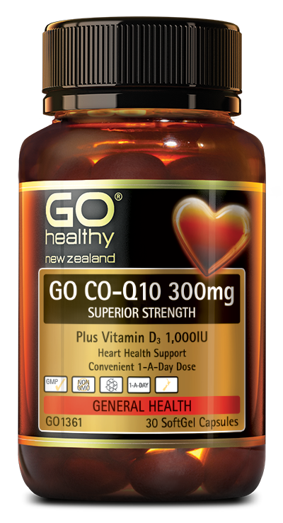 GO CO-Q10 300mg + VITAMIN D3 is a superior strength, heart health and energy formula, supplied in a convenient, easy to swallow 1-A-Day SoftGel capsule dose. Each capsule contains 300mg of Co-Enzyme Q10 plus 1,000U of Vitamin D3 for extra heart support.