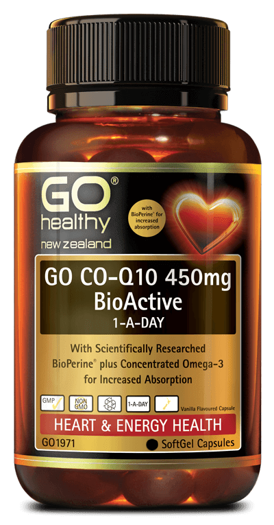 GO CO-Q10 450mg BioActive 1-A-DAY is a superior strength Co-Enzyme Q10 complete heart health and energy formula. Co-Q10 450mg has been combined with the scientifically researched BioPerine® plus concentrated Fish Oil (Omega-3) for enhanced absorption. Co-Q10 supports heart health, promotes energy and offers superior antioxidant protection. Omega-3 provides high levels of EPA and DHA which support general health and wellbeing.