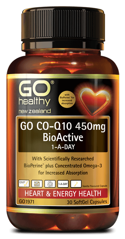 GO CO-Q10 450mg BioActive 1-A-DAY is a superior strength Co-Enzyme Q10 complete heart health and energy formula. Co-Q10 450mg has been combined with the scientifically researched BioPerine® plus concentrated Fish Oil (Omega-3) for enhanced absorption. Co-Q10 supports heart health, promotes energy and offers superior antioxidant protection. Omega-3 provides high levels of EPA and DHA which support general health and wellbeing.