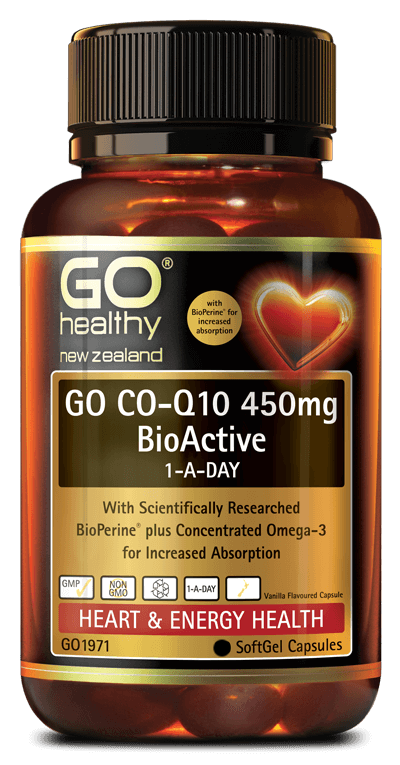 GO CO-Q10 450mg BioActive 1-A-DAY is a superior strength Co-Enzyme Q10 complete heart health and energy formula. Co-Q10 450mg has been combined with the scientifically researched BioPerine® plus concentrated Fish Oil (Omega-3) for enhanced absorption. Co-Q10 supports heart health, promotes energy and offers superior antioxidant protection. Omega-3 provides high levels of EPA and DHA which support general health and wellbeing.