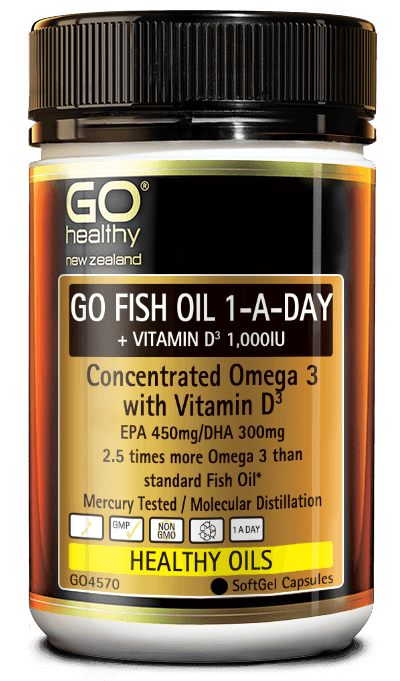 GO FISH OIL 1-A-DAY + VITAMIN D3 1,000IU is a premium high potency Fish Oil sourced from deep sea wild fish. Each SoftGel Capsule contains a concentrated 1-A-Day dose of Omega 3 containing EPA 450mg and DHA 300mg. Our Fish Oil is molecularly distilled and mercury tested to ensure purity and quality.