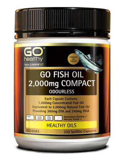 GO FISH OIL 2,000mg COMPACT provides a concentrated source of EPA and DHA Omega 3 Fatty Acids equivalent to 2,000mg natural Fish Oil. Some high strength Fish Oil capsules can be difficult to swallow as they are often large in size. GO Fish Oil 2,000mg has been supplied in a compact capsule, which is half the size of some other 2,000mg Fish Oil products. This compact size makes it easy to swallow, convenient and consumer friendly.