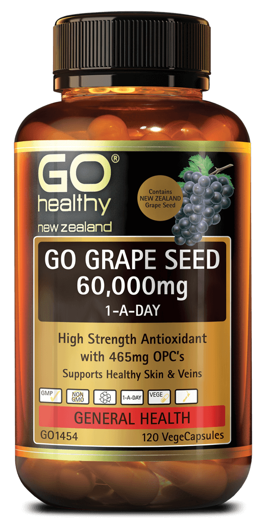GO GRAPE SEED 60,000mg contains 465mg of Oligomeric Procyanidins (OPC’s). OPC’s deliver superior antioxidant protection that helps to protect cells from free radical damage. The antioxidant properties work to strengthen capillaries, helping to support the health of blood vessels, veins and eyes. OPC’s also support healthy skin by encouraging the production of collagen and elastin the skin matrix.
