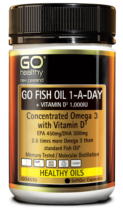GO FISH OIL 1-A-DAY + VITAMIN D3 1,000IU is a premium high potency Fish Oil sourced from deep sea wild fish. Each SoftGel Capsule contains a concentrated 1-A-Day dose of Omega 3 containing EPA 450mg and DHA 300mg. Our Fish Oil is molecularly distilled and mercury tested to ensure purity and quality.