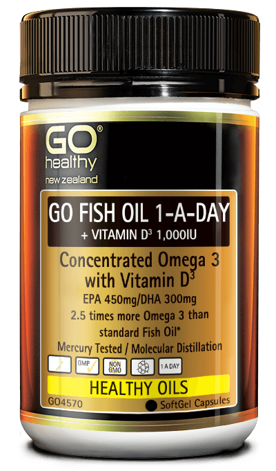 GO FISH OIL 1-A-DAY + VITAMIN D3 1,000IU is a premium high potency Fish Oil sourced from deep sea wild fish. Each SoftGel Capsule contains a concentrated 1-A-Day dose of Omega 3 containing EPA 450mg and DHA 300mg. Our Fish Oil is molecularly distilled and mercury tested to ensure purity and quality. 