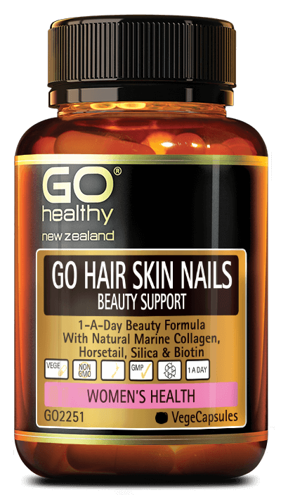 GO HAIR SKIN NAILS BEAUTY SUPPORT contains a specific blend of high strength ingredients designed to support healthy hair, skin and nails. The formulation contains natural marine collagen to help improve skin appearance including fine lines. High potency Silica, Horsetail and Biotin for increased nail thickness and shiny healthy hair. Helps to prevent splitting as well as chipped nails.