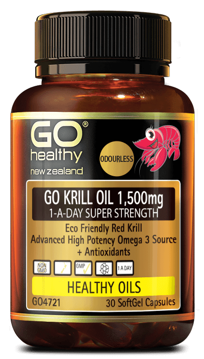 GO Krill Oil 1,500MG 1-A-DAY SUPER STRENGTH contains high potency Red Krill Oil. Krill is a great source of highly bio-available Omega 3 as it contains phospholipids which support the transport of Omega 3 into the cells giving greater absorption than regular Fish Oil. Omega 3 Essential Fatty Acids support heart health and healthy cholesterol levels. Krill Oil also contains naturally occurring Astaxanthin, a powerful antioxidant that helps keep our cells healthy.