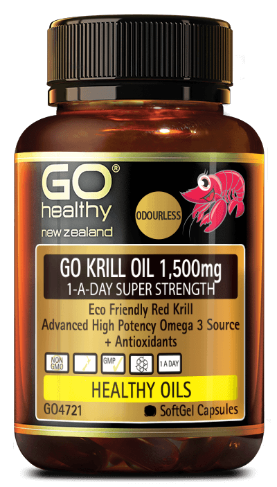 GO Krill Oil 1,500MG 1-A-DAY SUPER STRENGTH contains high potency Red Krill Oil. Krill is a great source of highly bio-available Omega 3 as it contains phospholipids which support the transport of Omega 3 into the cells giving greater absorption than regular Fish Oil. Omega 3 Essential Fatty Acids support heart health and healthy cholesterol levels. Krill Oil also contains naturally occurring Astaxanthin, a powerful antioxidant that helps keep our cells healthy.