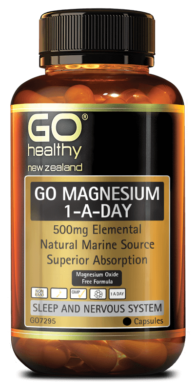 GO MAGNESIUM 1-A-DAY is a high strength, 1-A-Day formula which contains 500mg of elemental Magnesium per capsule.   Sourced from seawater, this natural marine Magnesium contains no Magnesium oxide, giving it superior absorption as well as being gentle on the digestive tract. Magnesium is effective in supporting relaxation, soothing muscle tension and muscle tightness as well as for supporting a good night’s sleep. 