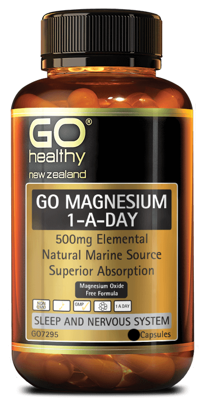GO MAGNESIUM 1-A-DAY is a high strength, 1-A-Day formula which contains 500mg of elemental Magnesium per capsule. Sourced from seawater, this natural marine Magnesium contains no Magnesium oxide, giving it superior absorption as well as being gentle on the digestive tract. Magnesium is effective in supporting relaxation, soothing muscle tension and muscle tightness as well as for supporting a good night’s sleep.