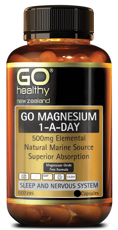 GO MAGNESIUM 1-A-DAY is a high strength, 1-A-Day formula which contains 500mg of elemental Magnesium per capsule.   Sourced from seawater, this natural marine Magnesium contains no Magnesium oxide, giving it superior absorption as well as being gentle on the digestive tract. Magnesium is effective in supporting relaxation, soothing muscle tension and muscle tightness as well as for supporting a good night’s sleep.