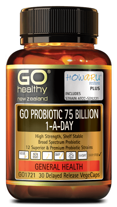 GO PROBIOTIC 75 BILLION offers a high strength, multi strained probiotic blend totalling 75 Billion live organisms, supplied in a convenient 1-A-Day dose. Each capsule provides a total of 12 superior and premium probiotic strains, including the scientifically researched HOWARU restore® probiotic blend. Supplied in a VegeCapsule using Delayed Release technology to ensure the probiotics survive the acidic stomach environment.