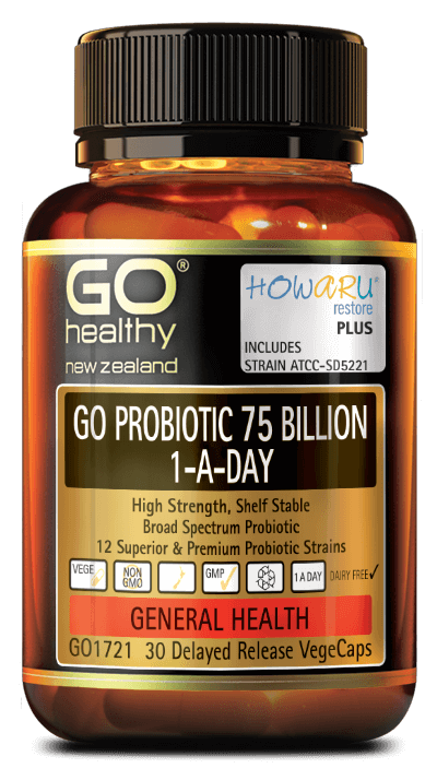 GO PROBIOTIC 75 BILLION offers a high strength, multi strained probiotic blend totalling 75 Billion live organisms, supplied in a convenient 1-A-Day dose. Each capsule provides a total of 12 superior and premium probiotic strains, including the scientifically researched HOWARU restore® probiotic blend. Supplied in a VegeCapsule using Delayed Release technology to ensure the probiotics survive the acidic stomach environment. 