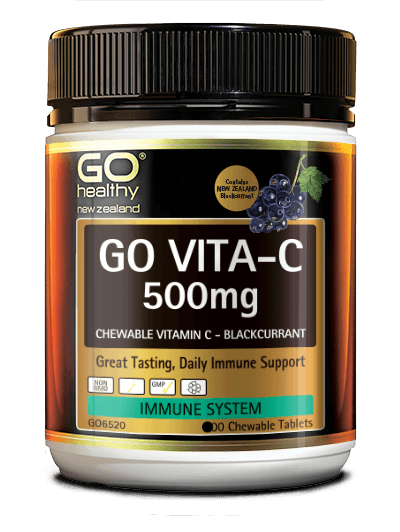 GO VITA-C 500mg is a great tasting chewable Vitamin C formula. This New Zealand blackcurrant flavoured tablet is a low acid Vitamin C formula which gives the added benefit of being tooth friendly and gentle on the digestive system. Vitamin C is essential for boosting the health of the immune system and reducing the severity and duration of winter ills and chills. In addition Vitamin C is a powerful antioxidant, and is considered an essential daily requirement for good health.