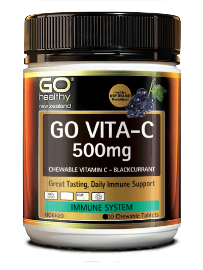 GO VITA-C 500mg is a great tasting chewable Vitamin C formula. This New Zealand blackcurrant flavoured tablet is a low acid Vitamin C formula which gives the added benefit of being tooth friendly and gentle on the digestive system. Vitamin C is essential for boosting the health of the immune system and reducing the severity and duration of winter ills and chills. In addition Vitamin C is a powerful antioxidant, and is considered an essential daily requirement for good health. 