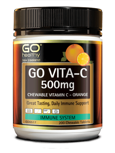 GO VITA-C 500mg is a great tasting chewable Vitamin C formula. This orange flavoured tablet is a low acid Vitamin C formula which gives it the added benefit of being tooth friendly and gentle on the digestive system. Vitamin C is essential for boosting the health of the immune system and reducing the severity and duration of winter ills and chills. In addition Vitamin C is a powerful antioxidant, and is considered an essential daily requirement for good health. 