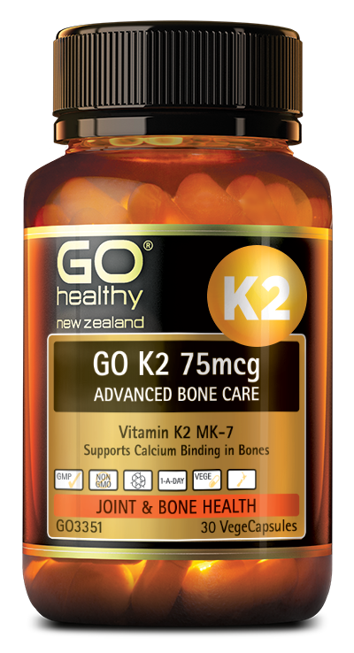 GO K2 75mcg ADVANCED BONE CARE contains 75mcg of Vitamin K2. Vitamin K2 supports Calcium binding to bones, this helps to ensure bones stay strong and healthy and less likely to fracture and deteriorate. Studies also show K2 to be beneficial in supporting the healthy removal of Calcium from artery walls, which is a significant health advancement.
