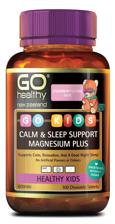 GO KIDS CALM & SLEEP SUPPORT MAGNESIUM PLUS is a great tasting strawberry-licious chewable tablet designed specifically for kids. GO Kids Calm & Sleep Support Magnesium Plus supports a good night sleep by promoting calm, relaxation and helping to switch off a busy mind. The combination of Magnesium, Zinc, Vitamins D and C, plus Chamomile also soothes muscle tension, helps support kids during growth spurts and boosts immunity.