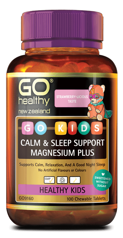 GO KIDS CALM & SLEEP SUPPORT MAGNESIUM PLUS is a great tasting strawberry-licious chewable tablet designed specifically for kids. GO Kids Calm & Sleep Support Magnesium Plus supports a good night sleep by promoting calm, relaxation and helping to switch off a busy mind. The combination of Magnesium, Zinc, Vitamins D and C, plus Chamomile also soothes muscle tension, helps support kids during growth spurts and boosts immunity. 