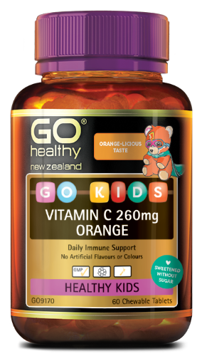 GO KIDS VITAMIN C 260mg ORANGE is a great tasting zangy orange chewable Vitamin C, that kids will love! Vitamin C is essential for boosting the health of the immune system and reducing the severity and duration of winter ills and chills. Vitamin C is a powerful antioxidant, and is considered an essential daily requirement for good health.
