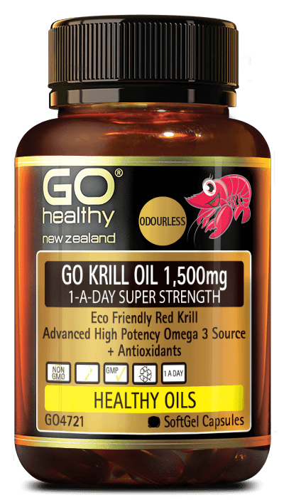 GO Krill Oil 1,500MG 1-A-DAY SUPER STRENGTH contains high potency Red Krill Oil. Krill is a great source of highly bio-available Omega 3 as it contains phospholipids which support the transport of Omega 3 into the cells giving greater absorption than regular Fish Oil. Omega 3 Essential Fatty Acids support heart health and healthy cholesterol levels. Krill Oil also contains naturally occurring Astaxanthin, a powerful antioxidant that helps keep our cells healthy.