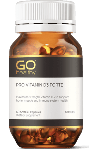 GO PRO Vitamin D3 Forte 60 SoftGels PRO VITAMIN D3 FORTE Maximum strength Vitamin D3 to support bone, muscle and immune system health. HEALTH BENEFITS: Contains 1,000IU of Vitamin D3 per capsule to support Vitamin D levels in the body Essential for bone health, supports bone strength and bone development Supports immune system and muscle health Supplied in the convenience of a 1-A-Day dose Compact size capsule