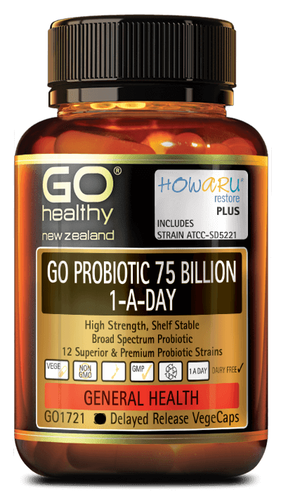 GO PROBIOTIC 75 BILLION offers a high strength, multi strained probiotic blend totalling 75 Billion live organisms, supplied in a convenient 1-A-Day dose. Each capsule provides a total of 12 superior and premium probiotic strains, including the scientifically researched HOWARU restore® probiotic blend. Supplied in a VegeCapsule using Delayed Release technology to ensure the probiotics survive the acidic stomach environment.