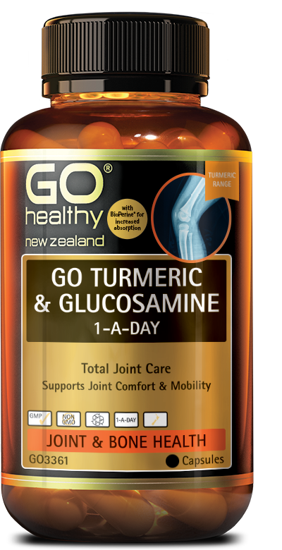 GO TURMERIC & GLUCOSAMINE 1-A-DAY contains high strength Turmeric, along with a 1,500mg full dose of scientifically proven Glucosamine Sulfate. The incorporation of Ginger helps provide extra support for joint comfort, as well as aids in digestion, with the additions of BioPerine® (Black Pepper) offering increased absorption. GO Turmeric & Glucosamine 1-A-Day provides total joint care supplied in an easy 1-A-Day dose.