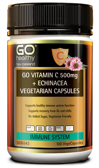 GO VITAMIN C 500mg + ECHINACEA VEGETARIAN CAPSULES contains a blend of Vitamin C combined with the well-known immune supporting herb Echinacea. This formulation helps support healthy immune system function, and supports general health and wellbeing. Vitamin C and Echinacea supports recovery from ills and chills. GO Vitamin C 500mg + Echinacea Vegetarian Capsules contain no added sugar and are suitable for vegetarians and vegans.