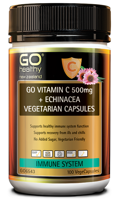 GO VITAMIN C 500mg + ECHINACEA VEGETARIAN CAPSULES contains a blend of Vitamin C combined with the well-known immune supporting herb Echinacea. This formulation helps support healthy immune system function, and supports general health and wellbeing. Vitamin C and Echinacea supports recovery from ills and chills. GO Vitamin C 500mg + Echinacea Vegetarian Capsules contain no added sugar and are suitable for vegetarians and vegans.