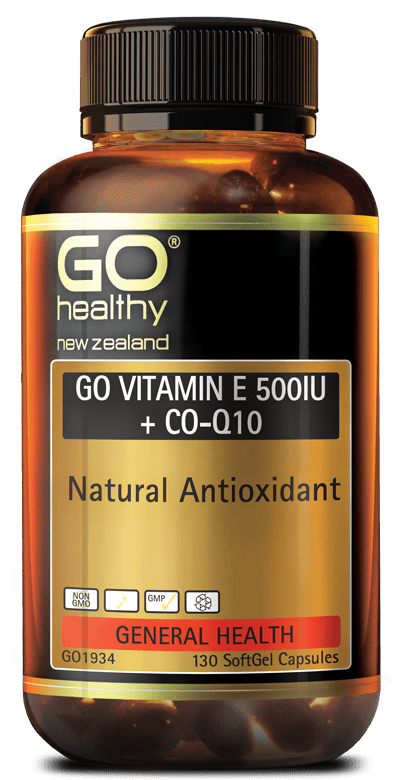 GO VITAMIN E 500IU + CO-Q10 is a potent antioxidant combination of natural Vitamin E and Co-Enzyme Q10 which supports healthy, energised skin, nails and hair. Toxins and pollutants such as alcohol, cigarette smoke, drugs as well as daily stress cause free radical damage which ages the body’s cells and skin. Vitamin E and Co-Enzyme Q10 support beauty from within by helping mop up free radicals to provide optimum cellular health.