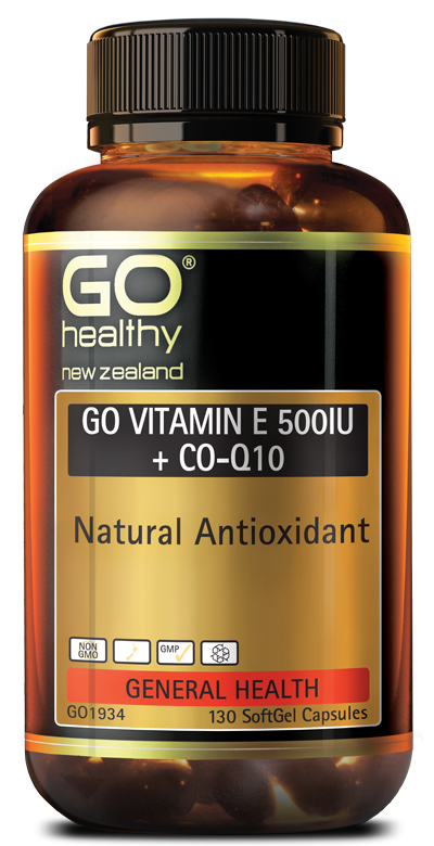GO VITAMIN E 500IU + CO-Q10 is a potent antioxidant combination of natural Vitamin E and Co-Enzyme Q10 which supports healthy, energised skin, nails and hair. Toxins and pollutants such as alcohol, cigarette smoke, drugs as well as daily stress cause free radical damage which ages the body’s cells and skin. Vitamin E and Co-Enzyme Q10 support beauty from within by helping mop up free radicals to provide optimum cellular health.