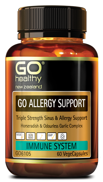 GO ALLERGY SUPPORT is a comprehensive formula which supports the body’s ability to naturally deal with allergens for clear airways in the head. This natural support is enhanced with key ingredients at triple strength levels, including Horseradish, Garlic, Histidine and Quercetin.