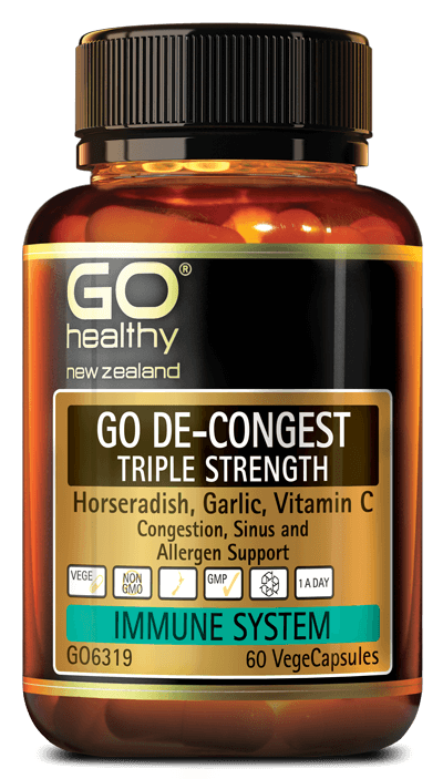 GO DE-CONGEST TRIPLE STRENGTH is a high potency Horseradish, Garlic and Vitamin C formula. These ingredients at triple strength levels are well known to support clear airways in the head and chest when exposed to winter ills and chills, and allergens. Includes additional ingredients such as Fenugreek, Marshmallow and Bromelain to help thin and clear mucus.