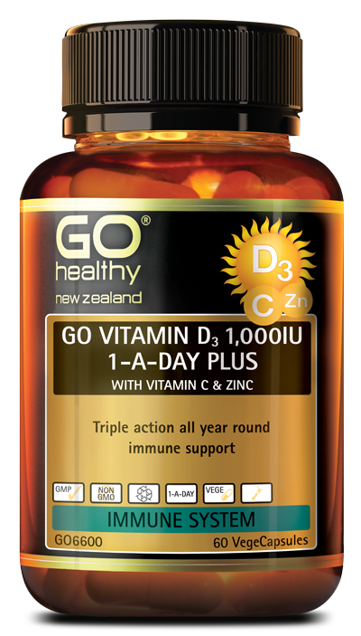 GO VITAMIN D3 1,000IU 1-A-DAY PLUS WITH VITAMIN C & ZINC is a high potency triple action immune formula to support all year round immunity. GO Vitamin D3 1,000IU 1-A-Day Plus with Vitamin C & Zinc provides a full maximum daily dose of both Vitamin D3 and Zinc as recommended in New Zealand. The combination of Vitamin D3, Vitamin C and Zinc provides a powerful blend of immune nutrients to support healthy immune system function, as well as supporting positive mood, overall health and wellbeing. 