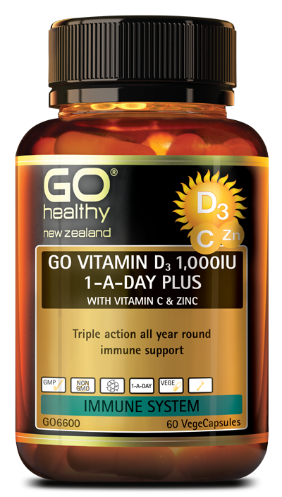 GO VITAMIN D3 1,000IU 1-A-DAY PLUS WITH VITAMIN C & ZINC is a high potency triple action immune formula to support all year round immunity. GO Vitamin D3 1,000IU 1-A-Day Plus with Vitamin C & Zinc provides a full maximum daily dose of both Vitamin D3 and Zinc as recommended in New Zealand. The combination of Vitamin D3, Vitamin C and Zinc provides a powerful blend of immune nutrients to support healthy immune system function, as well as supporting positive mood, overall health and wellbeing.